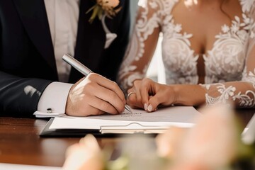 Couple sign wedding certificate, marriage registration and document paper for legal union. Closeup bride, groom and hands writing contract for celebration of love, commitment and agreement together