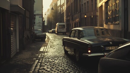 Vintage car driving on a cobblestone street in a historic city area at sunset, with warm light casting long shadows.