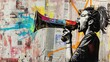 © best stock - Graffiti, collage of grunge newspapers and painting, illustration of an iconic woman screaming in a megaphone, revolution for rights and equality,