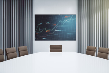 Poster - Abstract statistics data hologram interface on presentation monitor in a modern boardroom, computing and analytics concept. 3D Rendering