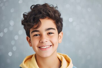 Wall Mural - He's one super confident kid A cute young preteen boy standing and smiling against a grey background