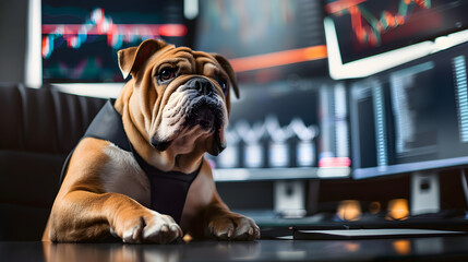 A realistic bulldog at his desk in front of his screen, posing like a business person dominating the stock market. Defocused and colorful background.