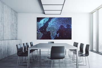 Poster - Abstract graphic world map on tv display in a modern presentation room, big data and networking concept. 3D Rendering