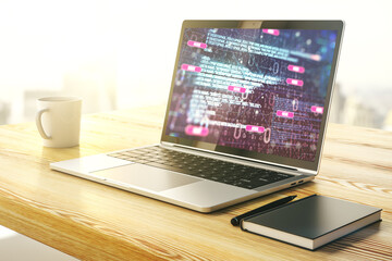 Poster - Modern computer display with abstract programming language hologram, artificial intelligence and machine learning concept. 3D Rendering