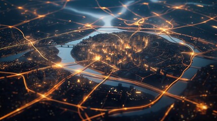 Wall Mural - Abstract smart city lights by night, river bridge, network connectivity, technology, telecommunications