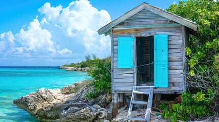 small fishing shack with bright blue Bahama shutters, on a secluded tropical island