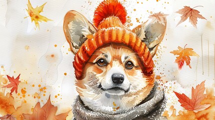 watercolor illustration of corgi in orange knitted hat with autumn leaves background