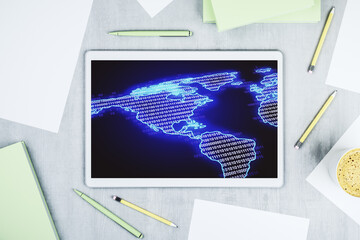 Poster - Digital America map on modern digital tablet screen, international trading concept. Top view. 3D Rendering