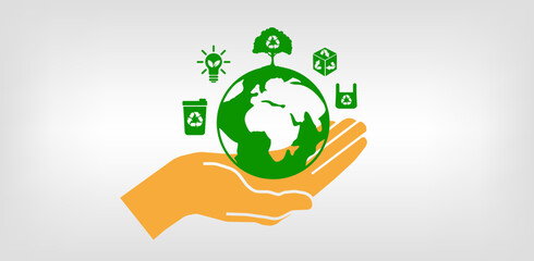 Abstract icon representing ecological call for recycling and reuse with hand holding green globe. Vector illustration.