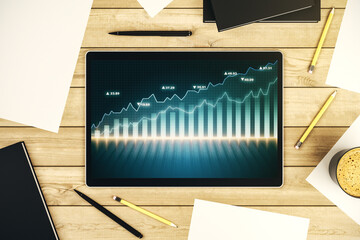 Wall Mural - Top view of abstract creative financial diagram on modern digital tablet display, banking and accounting concept. 3D Rendering