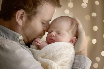 Love, hug or father with newborn or baby in home for care or bonding together to nurture child development. Relax, face or single parent dad with infant for support, trust or safety in family house