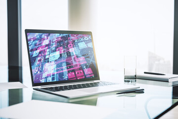Poster - Modern computer monitor with abstract programming language, research and development concept. 3D Rendering