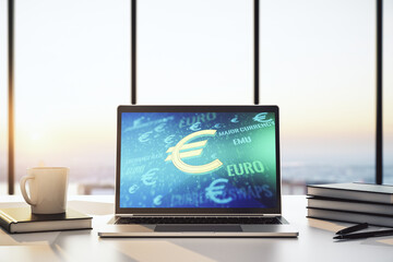 Poster - Creative EURO symbols sketch on modern laptop monitor, strategy and forecast concept. 3D Rendering