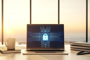 Aufkleber - Modern computer monitor with creative lock hologram and chip. Information security concept. 3D Rendering
