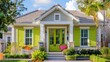 © Ramzan - suburban home with lime green Bahama shutters, adding a touch of whimsy to the neighborhood
