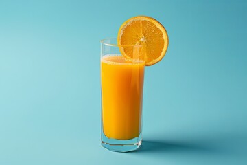 Poster - A glass of fresh orange juice with an orange slice on the rim, against a blue background. Generative AI