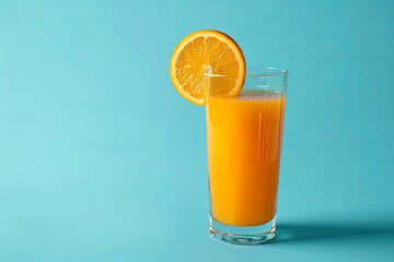 Poster - A tall glass of fresh orange juice with a slice of orange on the rim, shot against a bright blue background. Generative AI