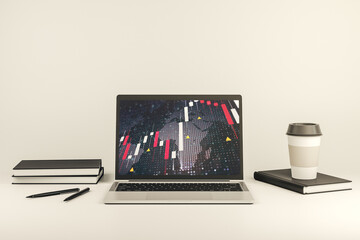 Poster - Abstract creative financial graph with world map on modern laptop screen, forex and investment concept. 3D Rendering