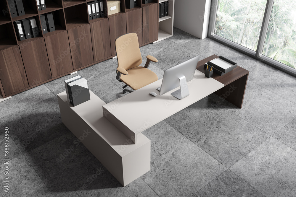 Top view of office interior with work table and pc computer, panoramic ...