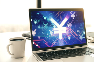 Poster - Creative Japanese Yen symbol sketch on modern laptop monitor, strategy and forecast concept. 3D Rendering