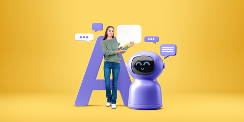 Poster - Young woman showing mock up speech bubble, standing near smiling robot