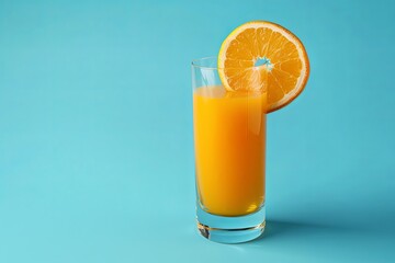 Aufkleber - A glass of fresh orange juice with a slice of orange on the rim, set against a blue background. Generative AI