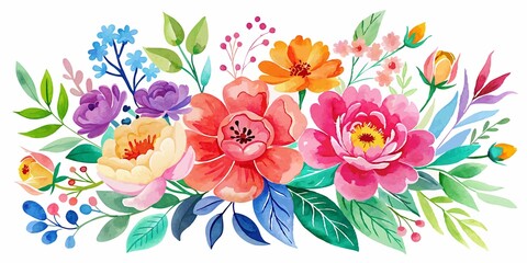 Wall Mural - Spring arrives in splash of color with this vibrant watercolor design featuring blooming flowers against stark white background., flowers, blooming, vibrant