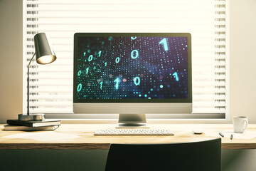 Aufkleber - Creative abstract binary code sketch on modern laptop monitor, hacking and matrix concept. 3D Rendering