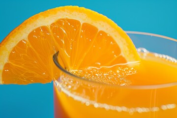 Poster - A close-up image of a fresh orange slice resting on the rim of a glass filled with orange juice. Generative AI