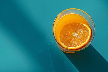 Poster - A glass of fresh orange juice with a slice of orange on top, sitting on a turquoise table. Generative AI