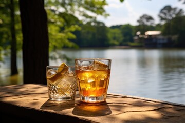 Lakeside Refreshment: Capture a cool drink with a serene village lake or river view.