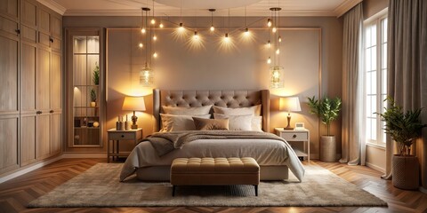 Sticker - Cozy bedroom with warm lighting and plush bedding, bedroom, interior design, cozy, warm, lighting, plush, bedding