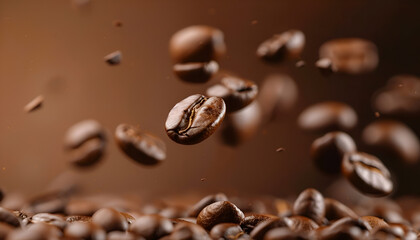 Wall Mural - Roasted coffee beans falling on heap against brown background, closeup