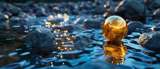 Sticker - Illuminated Waters, Golden orb reflecting in rippled water, Serene and enchanting