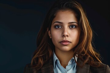 Poster - Young businesswoman with brown hair Close up of a businesswoman isolated on black background. Portrait of a woman in formal wear looking at camera