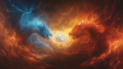 Wall Mural - Fire dragon surrounded by flames, ice dragon surrounded by frost, warm colors for fire, cool colors for ice, dragons in dynamic poses, sun and moon in the background, Earth between them, style of a no