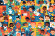 © BetterPhoto - Colorful seamless pattern with diverse children's faces and activities in a playful style. Suitable for educational and kids' products.