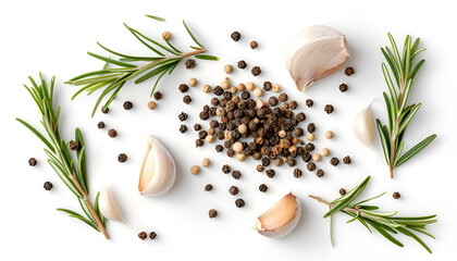 garlic with rosemary and peppercorn isolated on white background. Top view. Flat lay