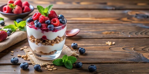 Poster - Raspberry and blueberry yogurt parfait with granola topping on wooden table , food photography, breakfast, DIY