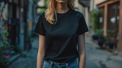 Beautiful Young woman model with blonde hair are wearing blank black tshirt mockup with blurred urban street on background