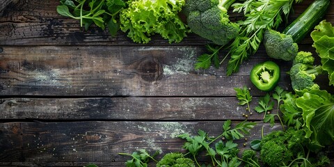 Wall Mural - Green Vegetables background. Green vegetables on wood background, Top view, copy space. Generative ai