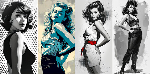 Sticker - 4 photo collages. Features a beautiful pin-up style illustration. High quality halftone printing for a vintage look. The full body design focuses on the hips, creating a classic pin-up aesthetic.