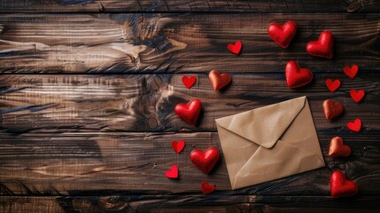 Sticker - Valentine s Day theme with red hearts and an empty letter on a wooden background arranged in a flat lay