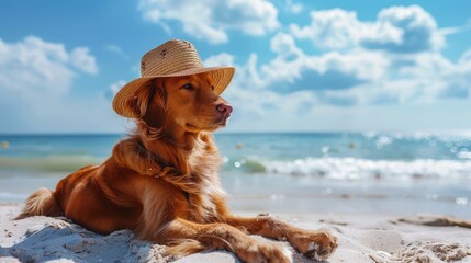 Wall Mural - A cute dog lies and enjoys in the sand of the beach. The concept of leisure and travel. Tourist destinations.