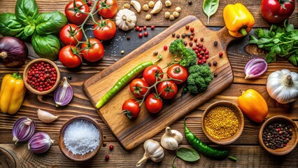 Canvas Print - A close-up shot of colorful food ingredients on a wooden cutting board , ingredients, variety, fresh, natural, organic