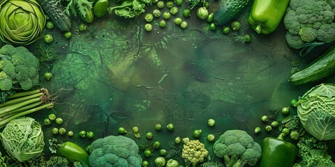 Wall Mural - Green Vegetables background. Green vegetables on One color background Isolated, Top view, copy space. Generative ai