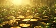 © Resni AI - Green shoots growing from a bed of gold coins, symbolizing economic growth, investment, and financial success.