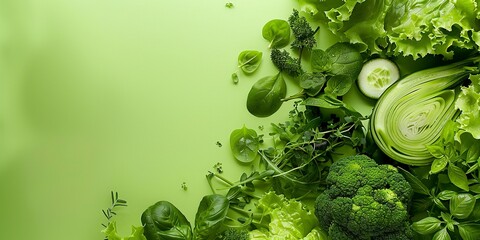 Wall Mural - Green Vegetables background. Green vegetables on One color background Isolated, Top view, copy space. Generative ai