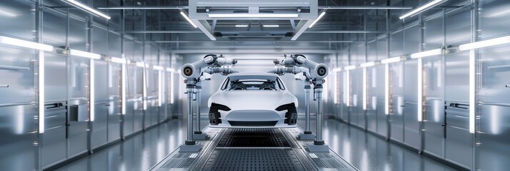 Poster - A white car is being painted by robotic arms in a modern automotive paint shop, showcasing efficient and precise application. Generative AI