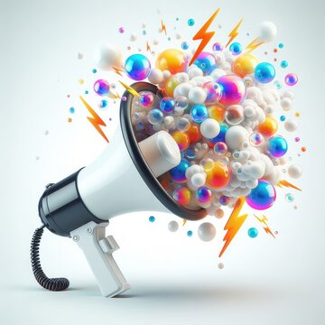 3d render of microphone emitting balloons and lightning